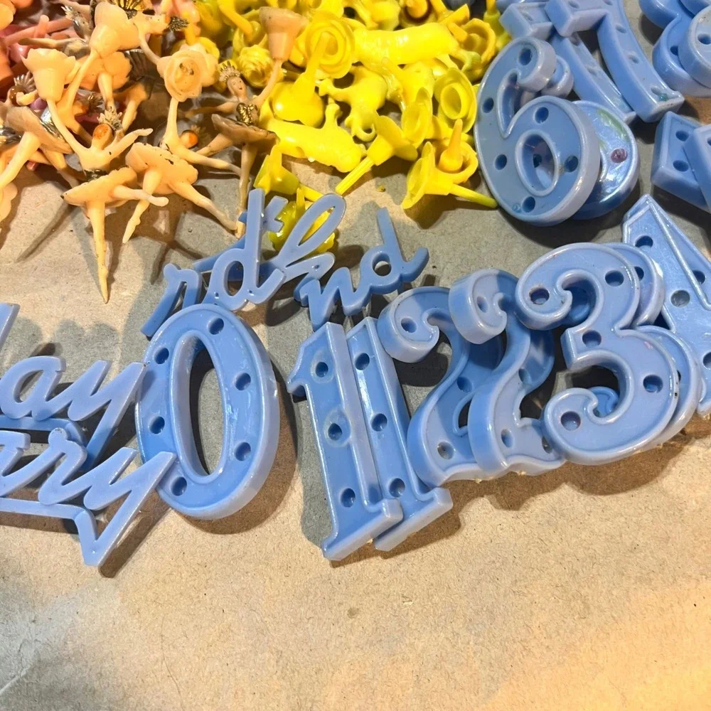 Vintage Mixed Lot Plastic Cake Toppers Numbers Ballerinas Flamingos Multi Color
